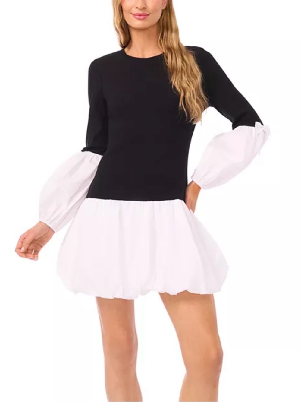 CeCe Black Bodice White Balloon-Skirt Mini Dress